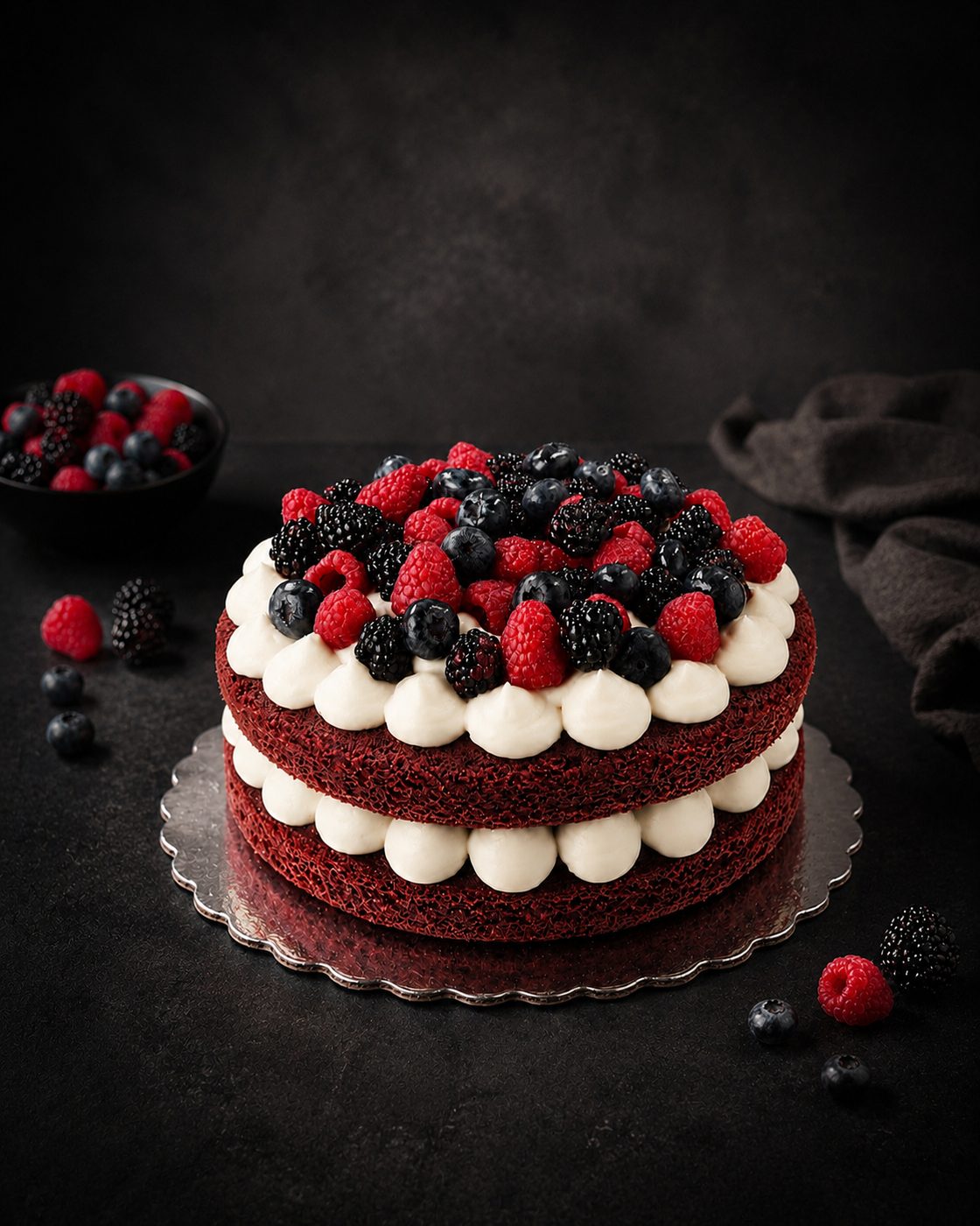 Pastel red velvet con frutos rojos